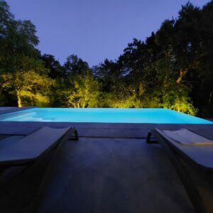 photo de nuit d'une Piscine au bord de la foret